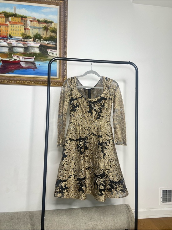 Marchesa Dresses & Skirts - Marchesa Black and Gold Lace Long-Sleeve Fit-and-Flare Dress